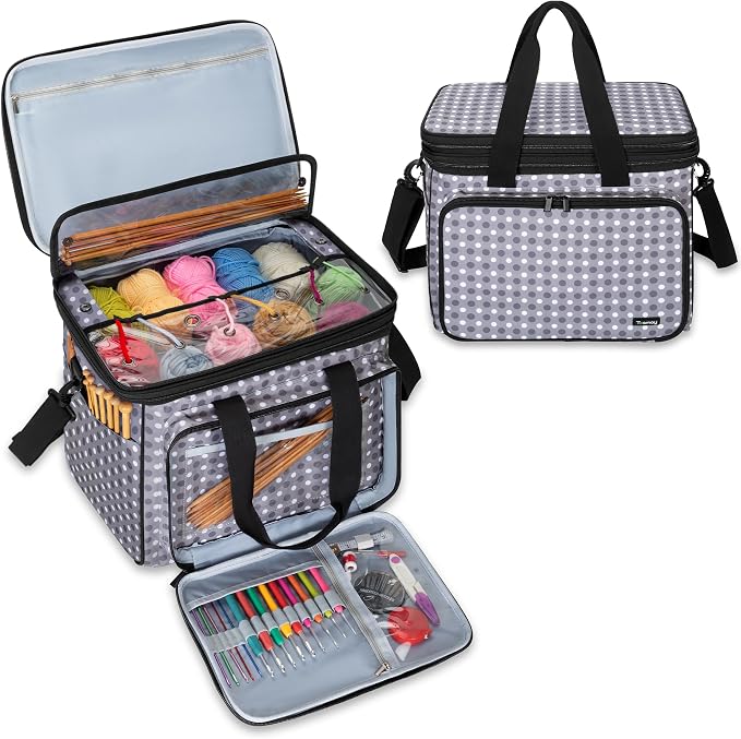Teamoy Crochet Bag Knitting Bag Yarn Storage Tote, Yarn Organizer, Gray Dot | Yarn Holder for Crocheting, with Inner Divider and Cover, for Yarn Skeins, Project, Knitting Needles, and Crochet Supplies