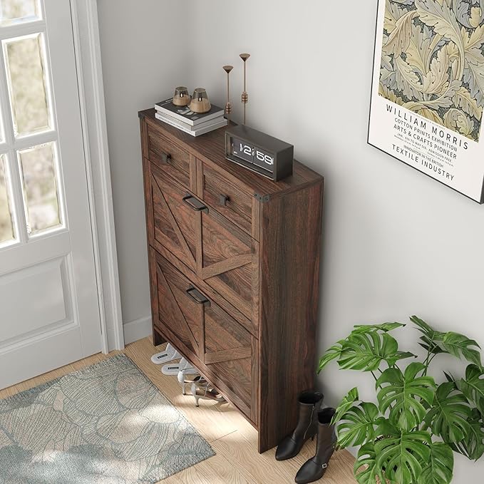Halitaa Shoe Cabinet with 2 Flip Drawers & 2 Drawers,Farmhouse Shoe Storage Cabinet for Entryway,Slim Freestanding Narrow Organizer Rack for Front Door Entrance,Dark Walnut