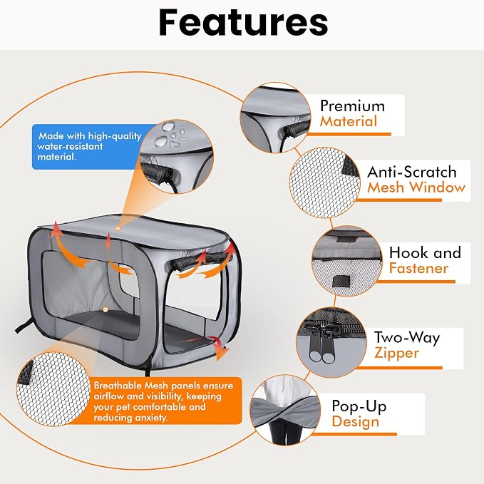 Portable Collapsible Pop Up Kennel, 40" L x 27" W x 27" H, Gray | Collapsible indoor/outdoor travel cat and dog crate with mesh screen windows pops up and folds flat for easy storage