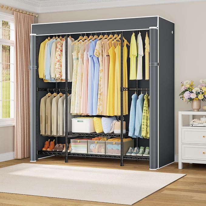 E3C Black Clothes Rack with Gray Cover, Heavy Duty Garment Rack | Freestanding Metal Closet System Storage Organizer for Clothing, Clothing Rack Holds up to 850 lbs, 59.5"W x 16.5"D x 77.4"H