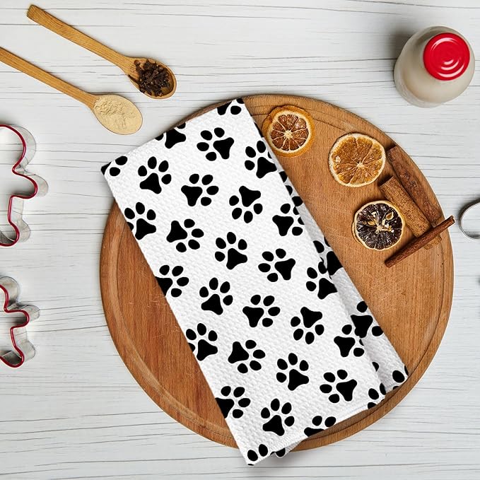 Black and White Dog Paws Kitchen Towels, Dog Mom Dad Lovers Gifts Dish Towels for Kitchen, Dogs Bathroom Hand Towels Decorative Set of 2, Pet Lover Gifts for Women Men Home & Kitchen