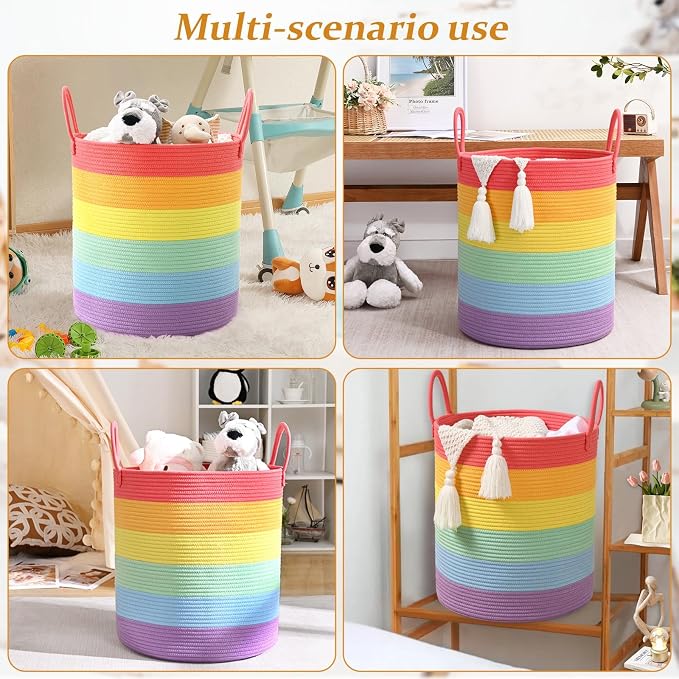 Laundry Hamper for Organizing, 52L Large Laundry Baskets, Cotton Rope Woven Blanket Basket, Collapsible Laundry Hamper for Living Room, Nursery, 15"×18", Rainbow