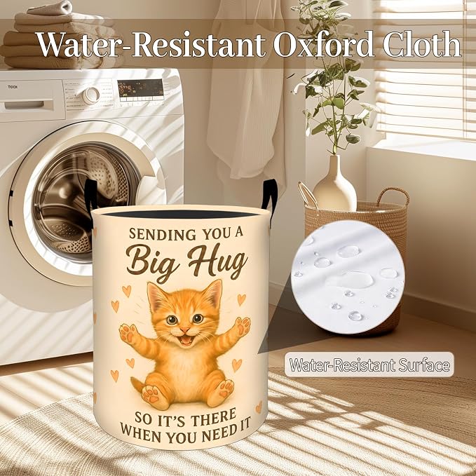 Get Well Gifts for Women Laundry Basket, Cat Hug Foldable Oxford Cloth, Waterproof Dirty Clothes Hamper with Handles, Clothing Storage Bin Toy Organizer for Bedroom Dorm Bathroom, 19.7"x15.7"