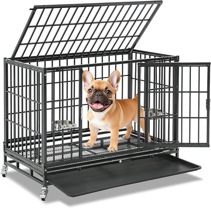 Homey Pet 37" Heavy Duty Stackable Dog Crate with Wheels for Medium Dogs | Metal Dog Cage Kennel with Escape proof Locks, Removable Tray, Bowl, Open Top, Ideal for Breeders, Groomers & Multi-dog Homes