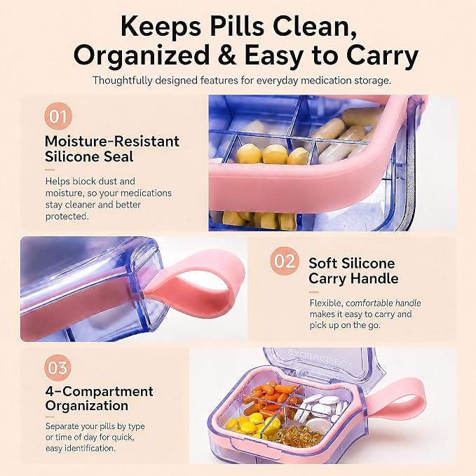 Travel Pill Organizer with Silicone Carry Loop, Portable Medicine Case | 4 Compartments Compact Pill Box for Vitamins Supplements Daily Medications, Purse Backpack Office