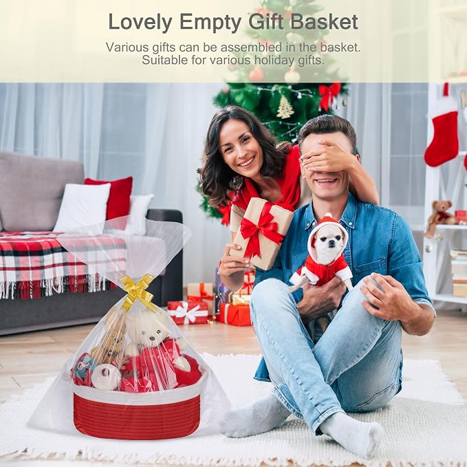 Small Empty Gift Basket with Bag & Ribbons, White & Red | 12“x8”x5”, Cotton Rope Woven Basket for Birthdays, Baby Showers, Mother's Day, Christmas; Stores Small Items, Kids & Pet Toys