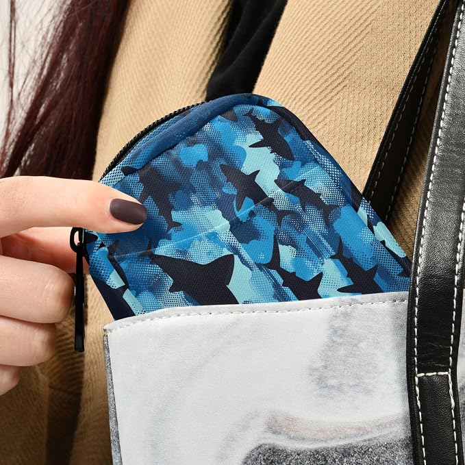 Fustylead Blue and Black Shark Camouflage Pattern Travel Pill Organizer Case Zipper for Purse with Removable Weekly Pill Box for Medicine, Vitamin, Supplement Medicine Organizer