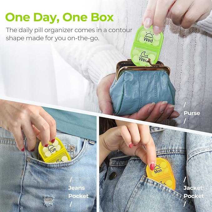 AUVON Pill Box 2 Times a Day, 7-Color for Easy Tracking, Dual Protection | Weekly Pill Organizer AM PM with 7 Daily Pocket Case to Hold Vitamin, Medicine, Medication, and Supplement, BPA-free