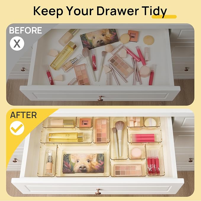 Vtopmart 25 Pack Plastic Drawer Organizers with Non-slip Rubber Pads | 4-Size Versatile Makeup Organizer, Storage Containers Small Bins for Makeup, Jewelries, Bedroom, Kitchen Utensils and Office