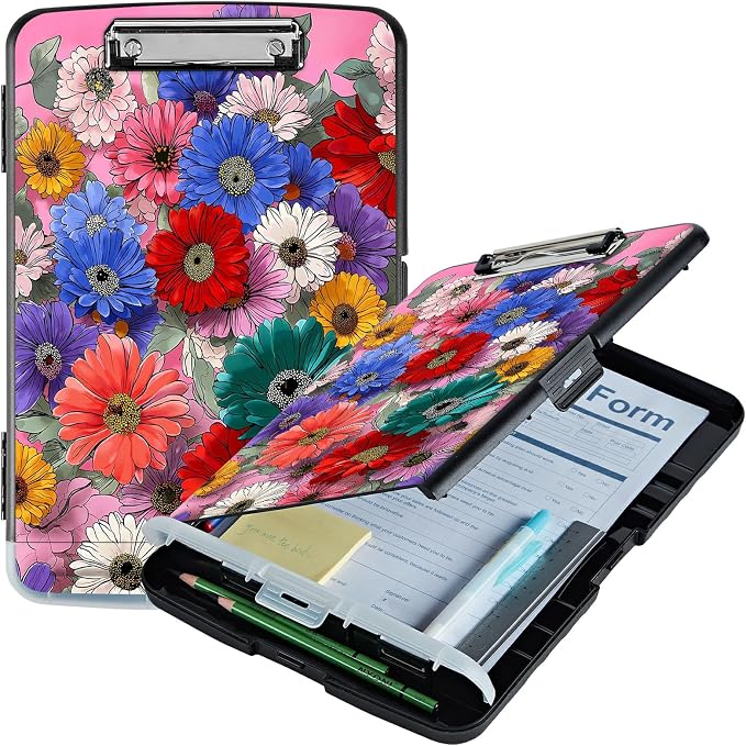 A4 Clipboard with Storage Pen Holder, Clipboards Organizer Nursing Clipboard Foldable File Folder Plastic Clipboard Folio Clip Board for Office Work Classroom Doctor, Wildflower Pink