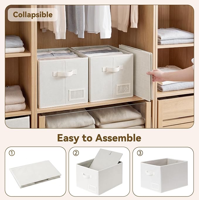 GRANNY SAYS Closet Storage Bins with Label, Pearl White, Large, 3-Pack | Fabric Storage Bins for Shelves, Closet Storage Boxs, Clothing Storage and Organization, Foldable Storage Bins