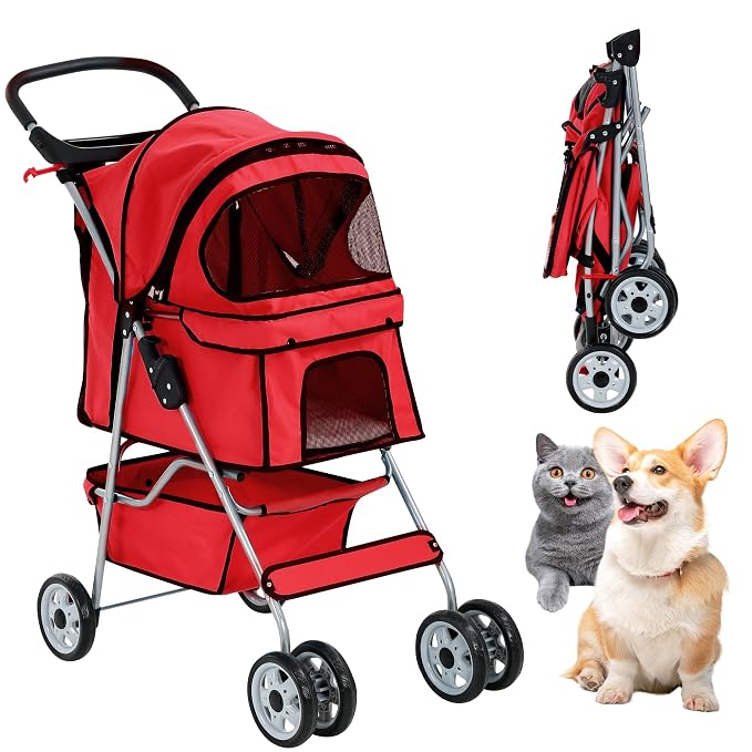 Pet Stroller,4 Wheels Dog Stroller with Storage Basket,Compact Portable Folding Carrier for Travel,Camping,Dog Carrier for Small Medium Dogs Or Cats,Lightweight Waterproof Pet Stroller,Red