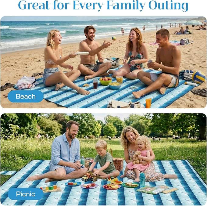 OIGAE Beach Blanket Waterproof Sandproof Oversized Beach Mat | Picnic Mat with Stakes, Storage Bag - Essentials for Outdoor Beach, Picnic,Quick-Dry Lightweight,Windproof Pockets