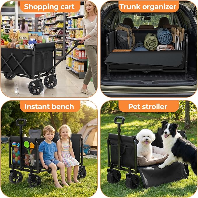 Portable Collapsible Wagon Cart, Foldable Cart with Removable Side, Utility Groceries Wagon for Dogs Pets Camping Beach Shopping Sports Gardeing Fishing, Dark Black