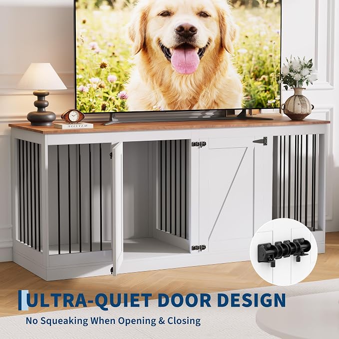 70.8" Large Dog Crate Furniture for 2 Dogs, Farmhouse Dog Crate TV Stand with Removable Divider, Heavy Duty Wooden Dog Kennel with Reinforced Steel Bars & 2 Lockable Doors