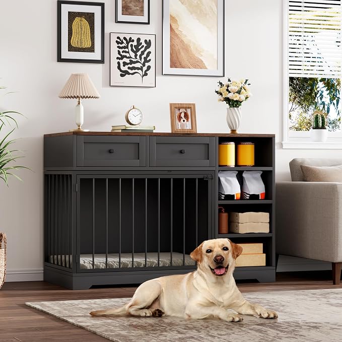 Wooden Dog Crate Furniture, Indoor Dog Kennel TV Stand with Storage, Black | 2 Drawers and 4 Open Shelves, Multi-Functional Dog Kennel for Small, Medium and Large Dogs