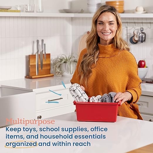 ECR4Kids Scoop Front Storage Bins, Multipurpose Organization, Red, 10-Piece | Durable plastic, GREENGUARD Gold Certified, 1.2 gallon capacity, lightweight & nestable, built-in handle, classroom/home use