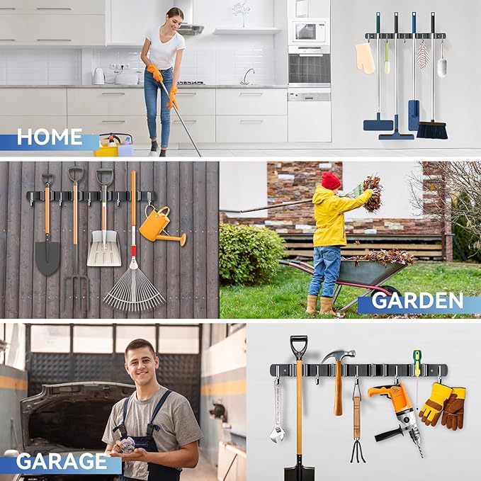 ZONGOOL Wall Mount Broom Holder 4 Racks 5 Hooks Metal Tool Organizer Black | 304 Rustproof Stainless Steel Broom Hanger, Non-Slip Wall Mount Organizer, Space Saving For Kitchen, Laundry, Garden