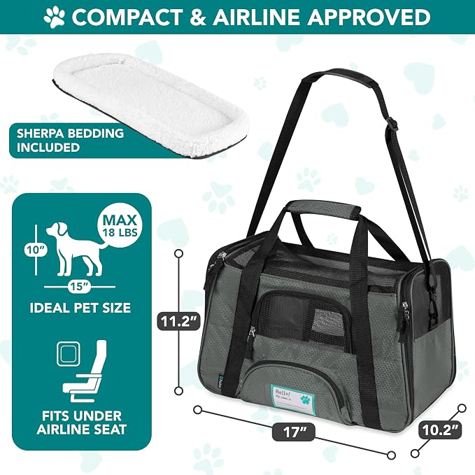 PetAmi Airline Approved Pet Carrier for Cats & Small Dogs, Small, Dark Gray | Soft Sided TSA Travel Bag, Sherpa Bed, Breathable Mesh Ventilation, Collapsible Bowl, Fits Under Seat, Up to 18 lbs