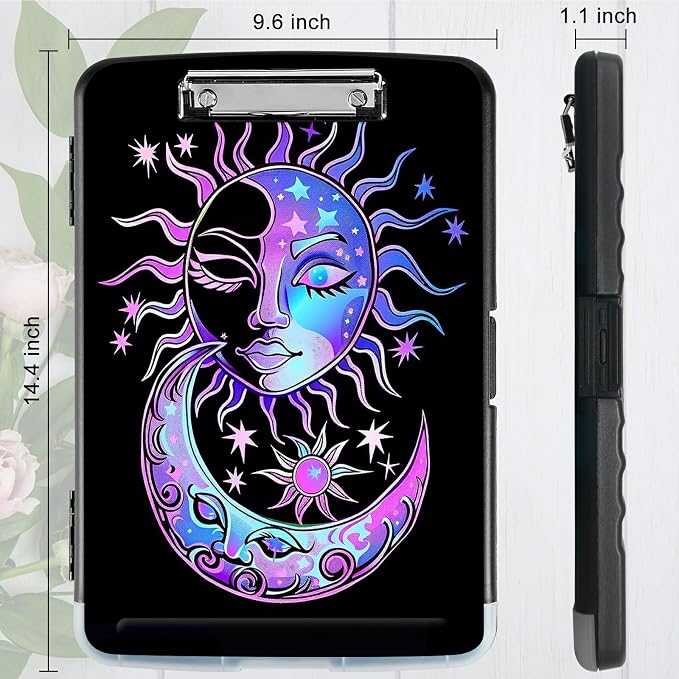 Purple Moon Sun A4 Clipboard with Storage Pen Holder, Clipboards Organizer Nursing Clipboard Foldable File Folder Plastic Clipboard Folio Clip Board for Office Students Classroom Doctor