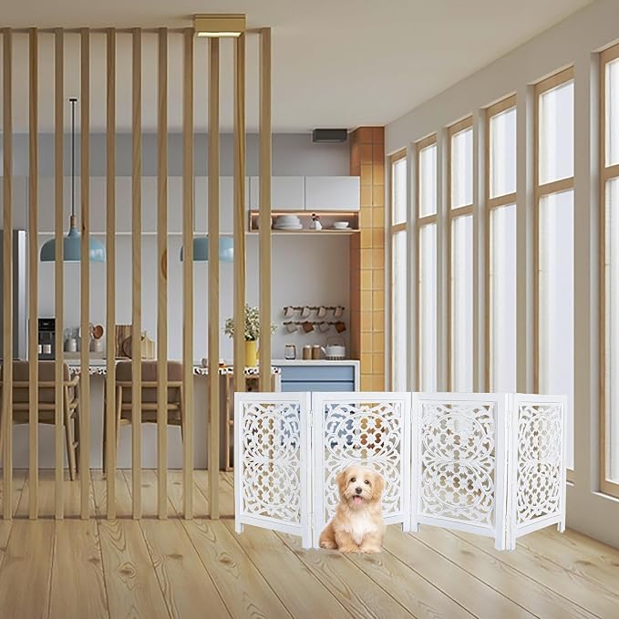 Lightnpro 4-Panel Wooden Dog Gate with Stopper – 72 Inch Extra-Wide Foldable Freestanding Pet Barrier, Antique White Indoor Safety Fence for Small Dogs & Puppies – 24x18 Inch Panels