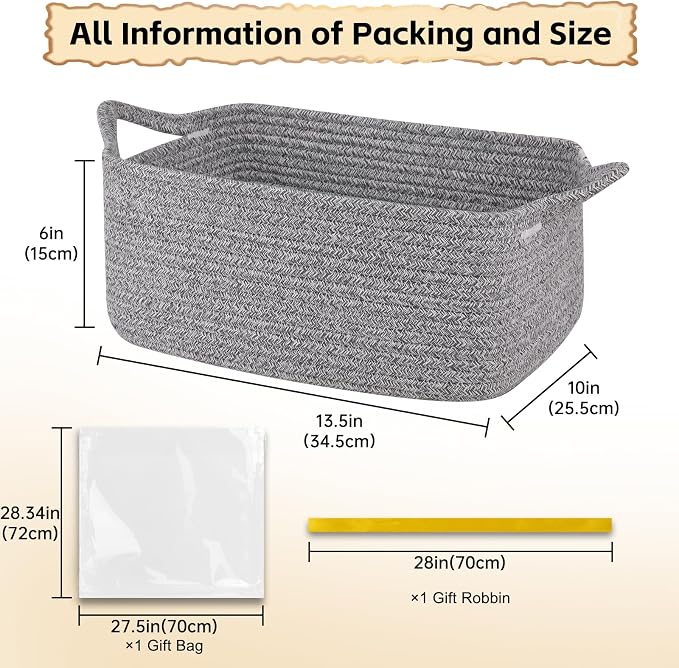 OIAHOMY Woven Basket, Gift Basket Empty with Gift Bags and Ribbons, Rope Baskets for Baby Showers, Storage Baskets with Handles for Nursery, Pet Toy Organizer - Grey
