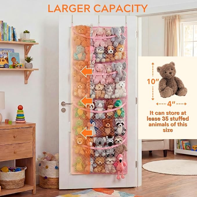 Over The Door Stuffed Animal Storage, Wide, Cotton | Toy Organizer for Storage Plush Toys, Stuffed Animal Holder with 4 Large Pockets, Hanging Door Organizer for Nursery