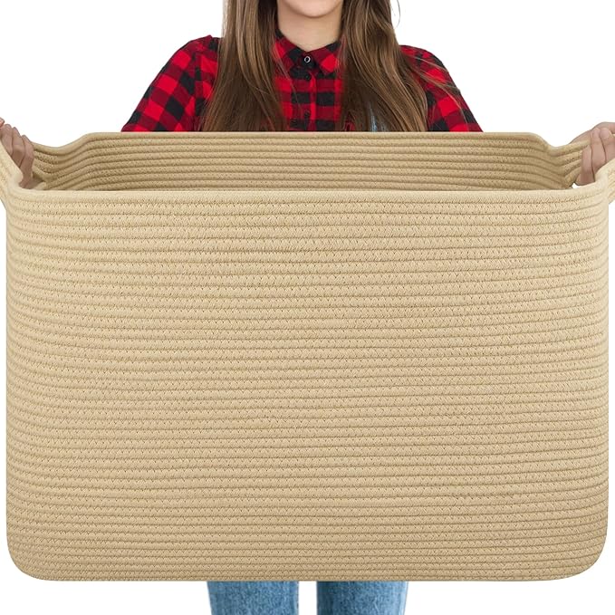 OIASKET 118L Extra Large Blanket Basket Living Room, 24.8"x17.7"x16.2" | Woven Rope Baskets for Storage, Nursery Blanket Storage for Living Room, Toy Basket with Handle Organizing Comforter Pillows