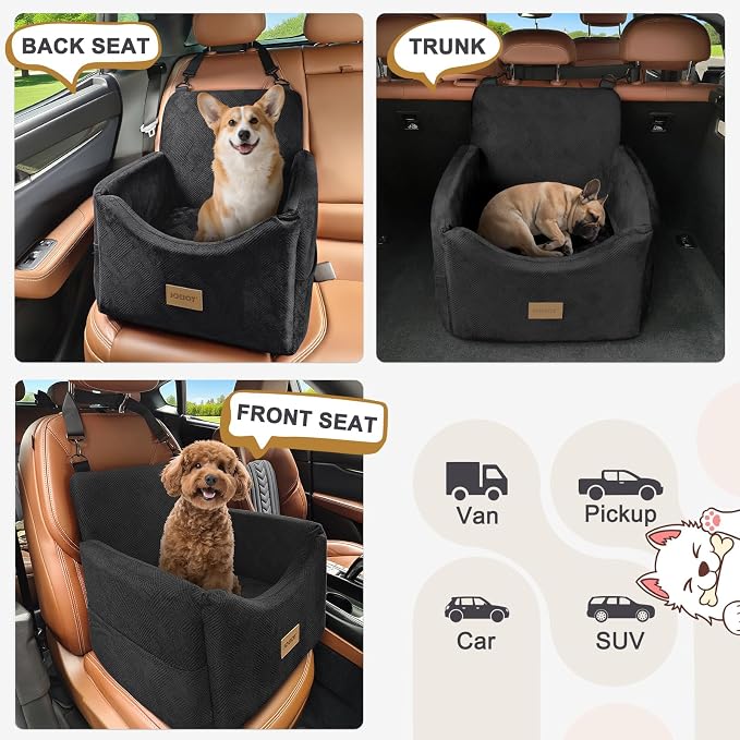 JOEJOY Dog Car Seats for Small Medium Dogs Under 35lbs, Dog Booster Seat with Detachable Washable Cover and Cushion, Memory Foam Pet Car Seat with Safety Belt and Storage Pockets (Black)