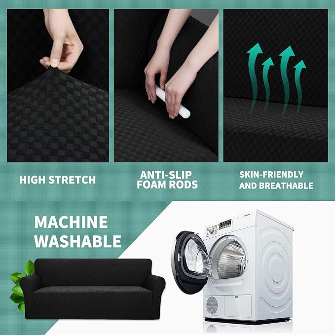YEMYHOM Couch Cover Latest Jacquard Design High Stretch Sofa Covers for 3 Cushion Couch, Pet Dog Cat Proof Slipcover Non Slip Magic Elastic Furniture Protector (Sofa, Black)