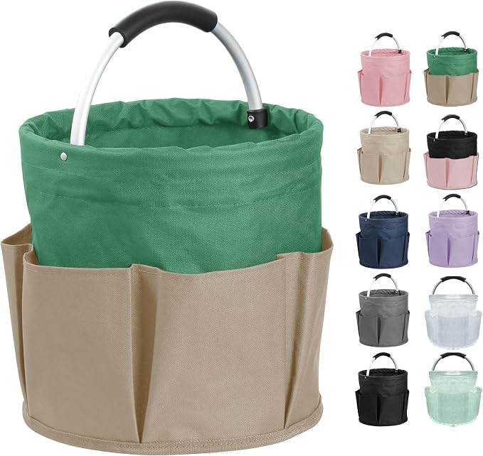 17L Foldable Cleaning Supplies Caddy with Handle, Khaki with Green | IHOMAGIC 6-Pocket Tool Bag, 600D Oxford Cleaning Tote Bucket, Portable Storage Basket Organizer for Car Detailing, Gardening