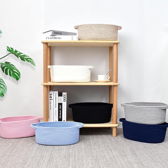 ABenkle Small Basket with Handles, Boho Decorative Rope Woven Dog Cat Toy Storage Bin Shelf Storage Organizer, Easter Christmas Gift Basket, 12"x8"x5", White