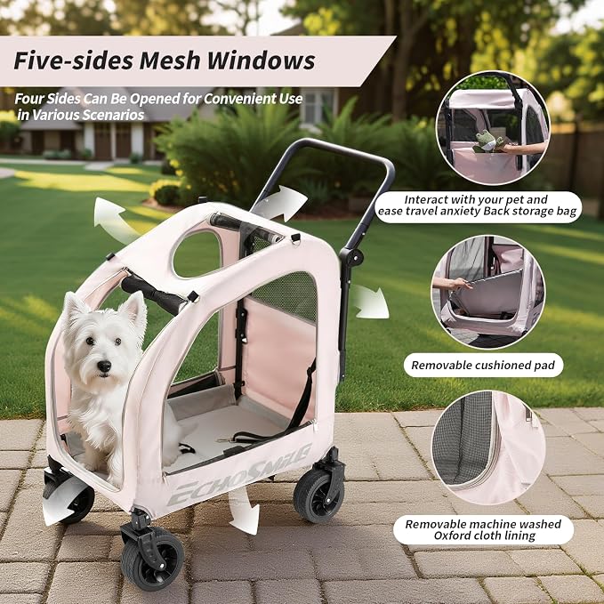 EchoSmile 4-Wheel Pet Stroller for Dogs & Cats, Up to 135 lbs, Pink | Lightweight Carrier · Storage Basket Included · Adjustable Handle · Removable Pad