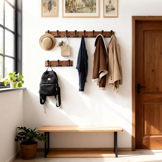 SKOLOO 17-Inch Wood Coat Rack Wall Mount with 3 Triple Hooks - Ideal for Family Entrances, Classrooms, and Pet Supplies Storage - Perfect Coat Hooks for Wall,Charred Golden Brown, Pack of 2
