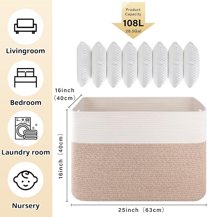 OIAHOMY 108L Extra Large Blanket Basket, 25”x16”x16” Laundry Basket, Blanket Storage for Living Room, Dog Toy Storage with Handle - Brown & White