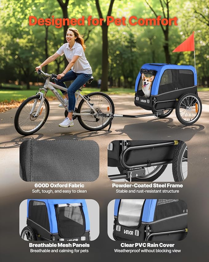 VEVOR Dog Bike Trailer, Supports up to 66 lbs, Pet Cart Bicycle Carrier for Small & Medium Dogs, Easy Folding Frame with Quick Release Wheel, Universal Bicycle Coupler, Reflector, Flag, Internal Leash