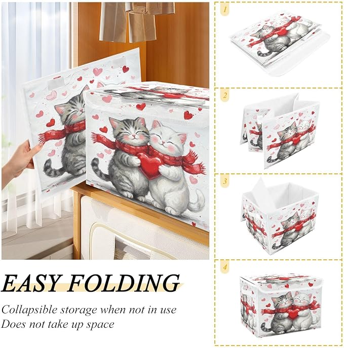 Fabric Storage Bins with Lid Cat Kitten Hug Closet Storage Basket 40L | Foldable & Stackable, Flip Top Dust Guard, Reinforced Handles, Home & Bedroom, Clothes & Toys, Oxford Print Basket