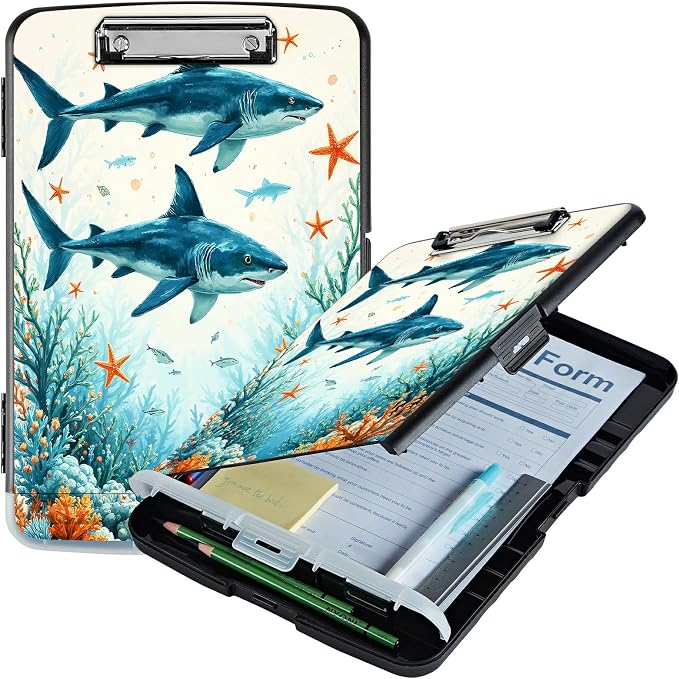 A4 Clipboard with Storage Pen Holder, Clipboards Organizer Nursing Clipboard Foldable File Folder Plastic Clipboard Folio Clip Board for Office Work Classroom Doctor, Tuna Under the Sea