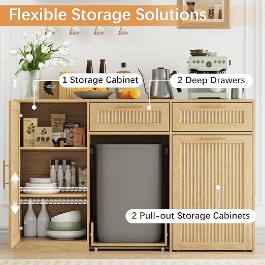2 X 13 Gallons Double Pull Out Trash Can Cabinet with Storage, Oak | 54"W Fluted Kitchen Trash Cabinet with Adjustable Shelf & Drawers, Hidden Pet Proof Trash Can Holder for Laundry Living Room
