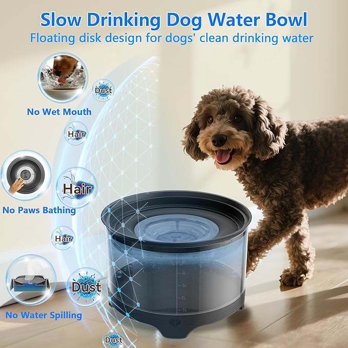 5.5L No Spill Water Bowl for Dogs, 1.45Gallon No Splash Large Dog Water Bowl with Floating Disk, Spill Proof Slow Drinking Dog Bowl for Messy Drinkers and Senior Dogs Indoor/Outdoor Use Black