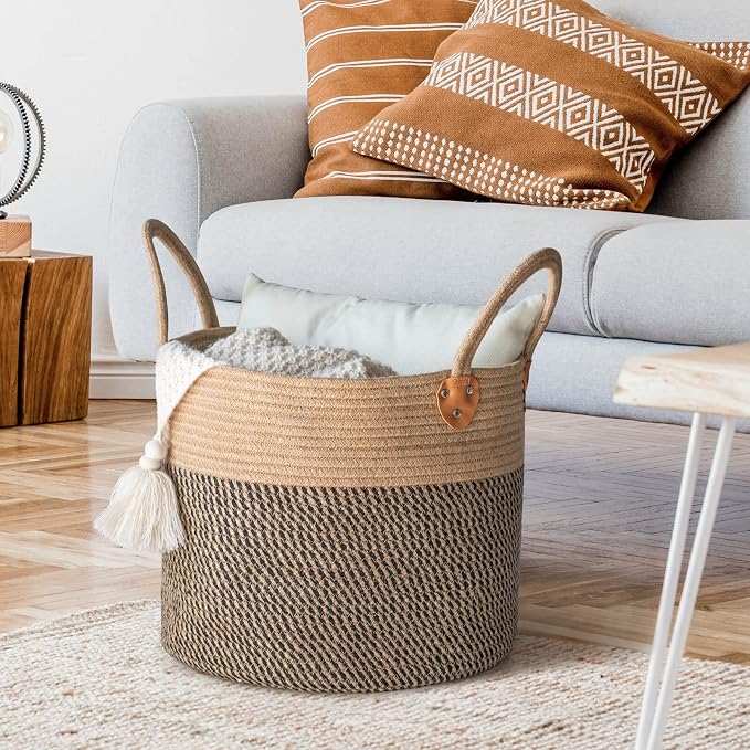 CHICVITA Wicker Storage Basket with Leather Handles, 14" x 12", Black | Decorative Woven Basket for Toys, Shoes, Blankets & Laundry Storage, Living Room & Bedroom Organizer, Indoor Plant Basket