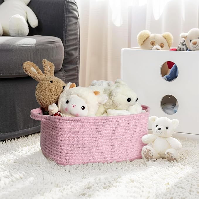 MEGASKET Pink Woven Storage Basket, Cotton Rope Gift Basket Empty, Cute Organizer for Girls, Decorative Baby Nursery Closet Bin, Pink Room Decor, Gift Ready Bin with Handle, Wicker Pet Toy Storage Box