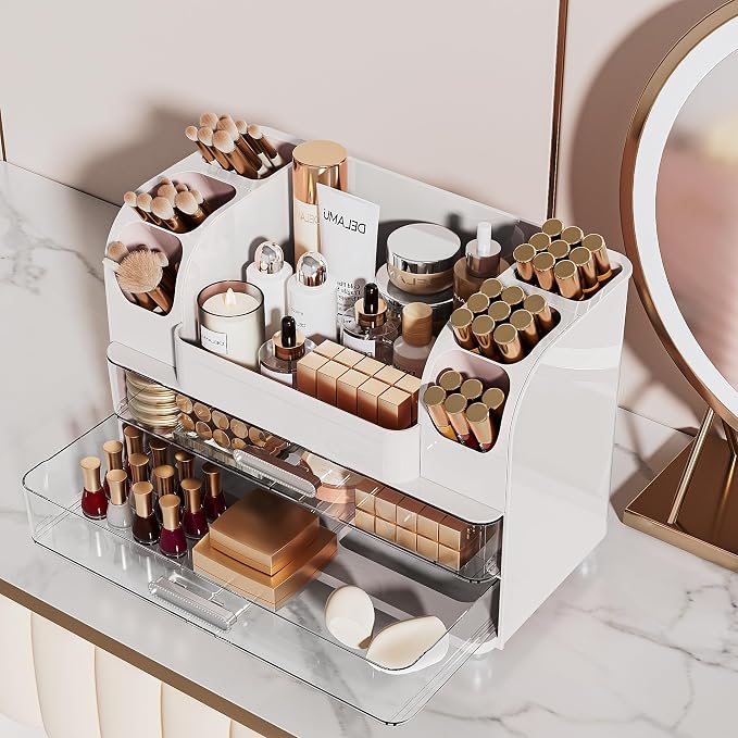 Delamu Large Makeup Organizer Countertop with 6 Brush Holders, White