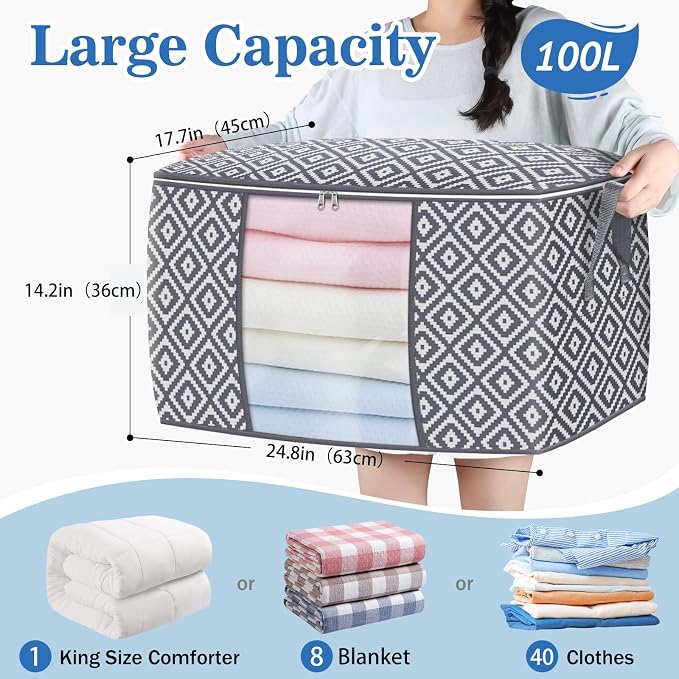 100L 3 Pack Storage Bags, Foldable Clothes Bins with Clear Window, Gray | Blanket Storage Containers with Reinforced Handles for Bedding, Comforters, Clothing, Quilts and Closet Organization