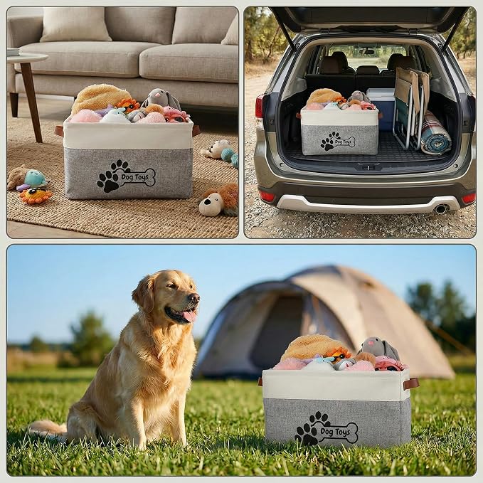 2-Pack Linen Toy Basket for Dogs, Foldable Dog Toy Storage Basket with Handles, Gray Organizer Bin for Pet Toys, Leashes, Blankets & Accessories (15x11x9 Inches)