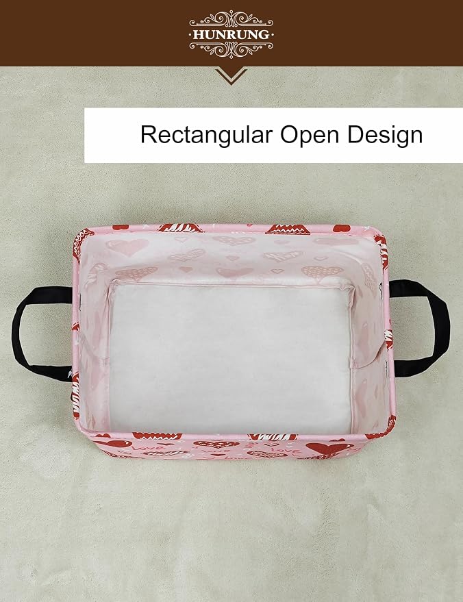 Rectangle Canvas Foldable Storage Basket for Nursery, Pink Love Heart