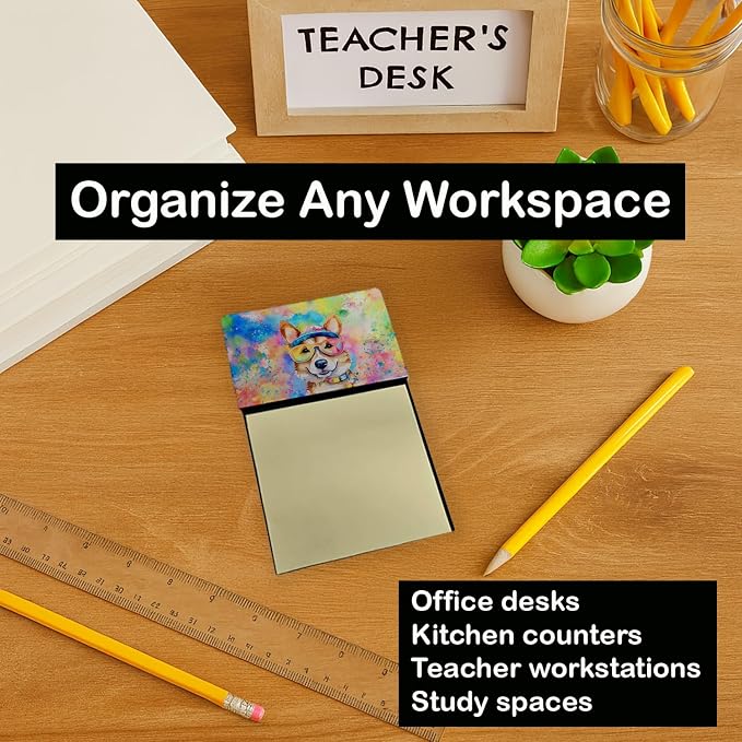 Caroline's Treasures Corgi Hippie Dawg Sticky Note Holder Refillable Dispenser Self-Sticky Note Pads, Memo Pads Blank Desk Accessories