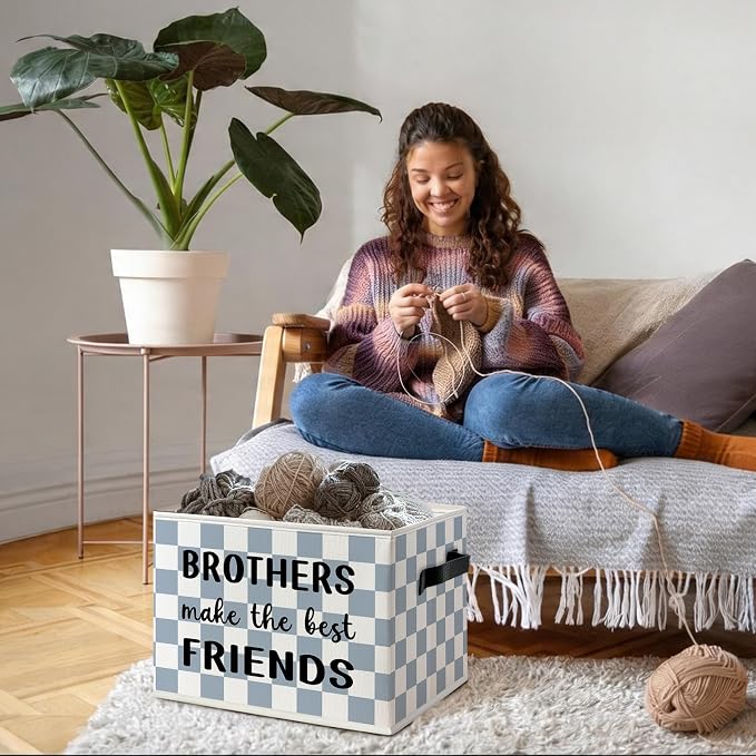 Brothers Make The Best Friends Boys Foldable Storage Bins Box with Handles, Blue and White Checkered Decorative Storage Boxes Baskets Organizer for Kids Boys Room Bedroom Playroom Bathroom