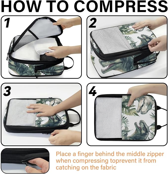 Dinosaur 6 Set Compression Packing Cubes Funny Dinosaur Expandable Packing Organizer for Travel Accessories Luggage Suitcase Bag
