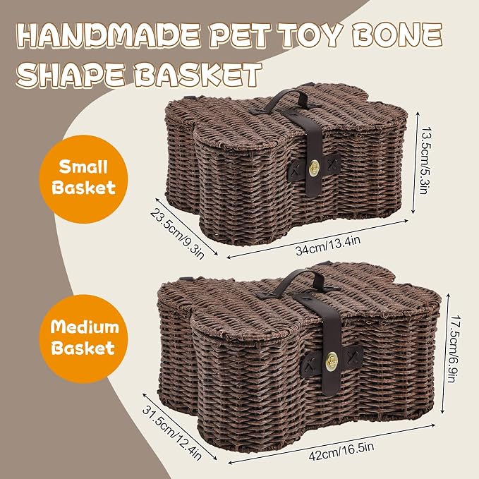 Barydat 2 Set Large Small Dog Toy Basket with Lid Bone Shaped Basket for Dog Natural Wicker Woven Handmade Pet Puppy Toy Organizer and Storage Box Bin for Cats(Wicker,Dark Brown)
